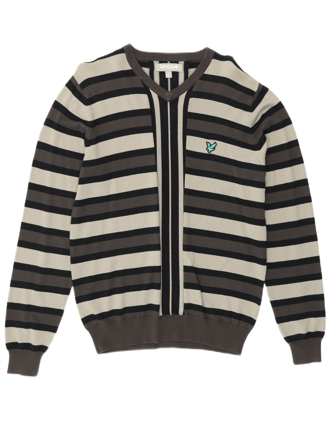 Męski sweter z dekoltem w kształcie litery V, LYLE & SCOTT, bawełniany w średnie szare paski