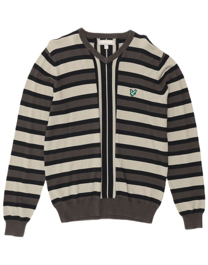 Męski sweter z dekoltem w kształcie litery V, LYLE & SCOTT, bawełniany w średnie szare paski