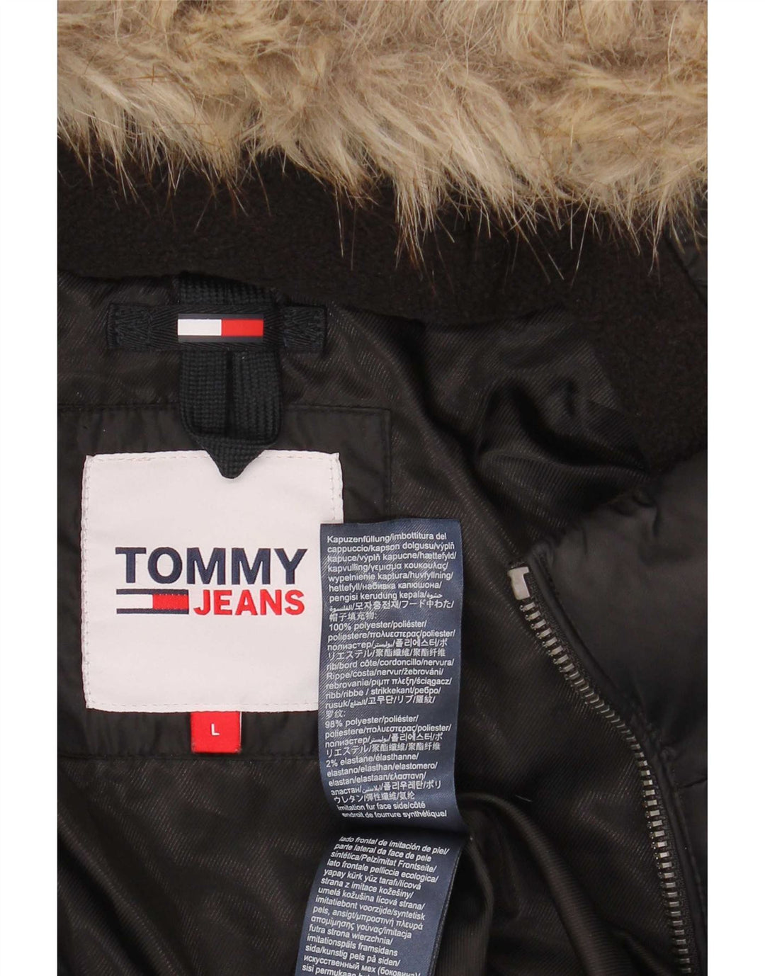 Damski ocieplany płaszcz z kapturem Tommy Hilfiger UK 14, duży, czarny poliester