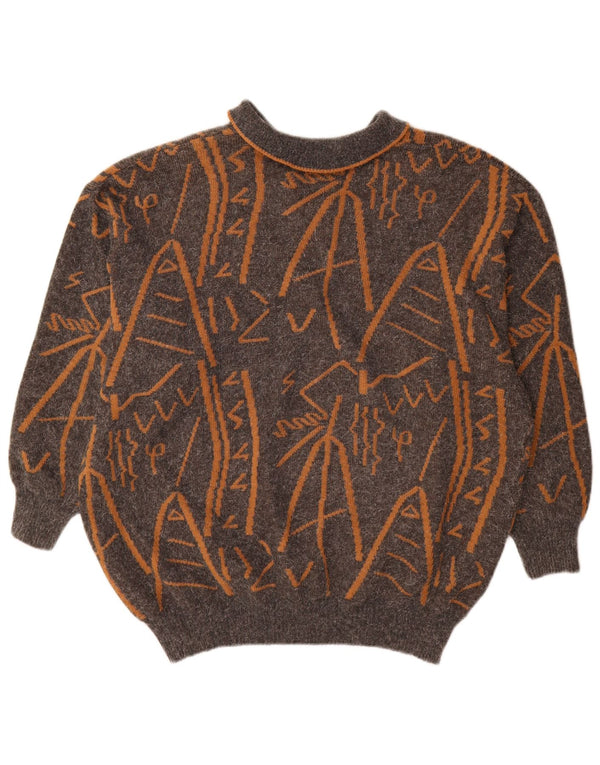 Vintage damski sweter polo z abstrakcyjnym wzorem UK 16, duży szary