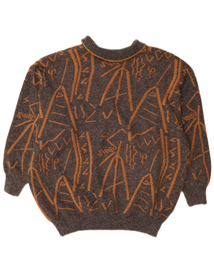 Vintage damski sweter polo z abstrakcyjnym wzorem UK 16, duży szary