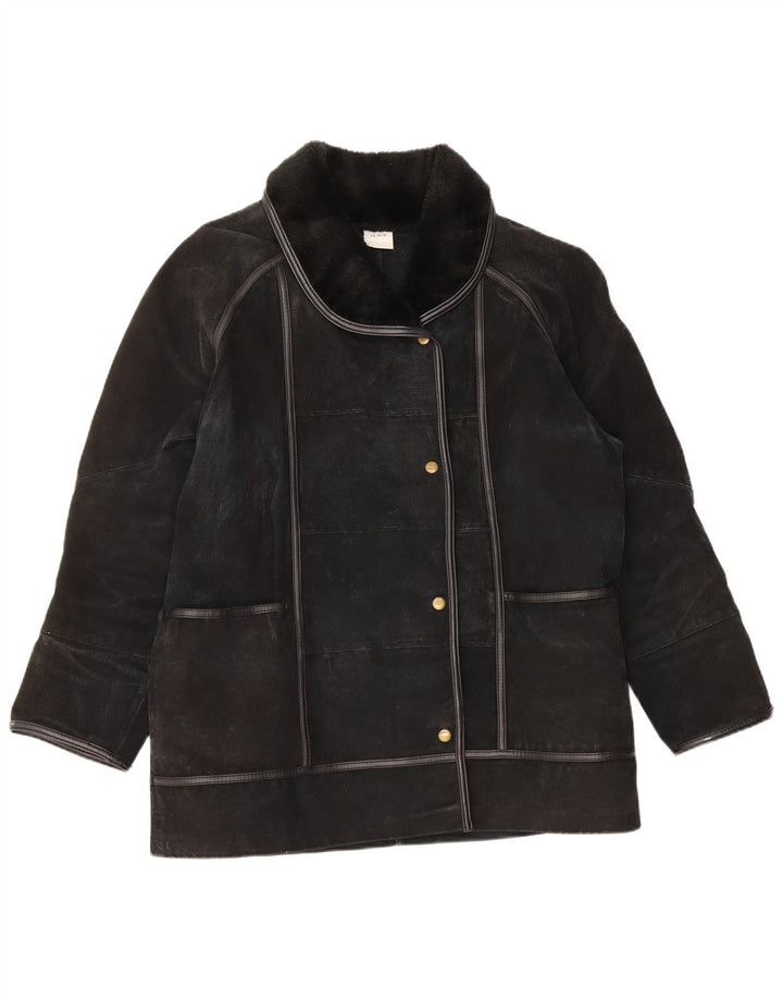 Vintage damska kurtka shearling UK 14/16, duża czarna skóra