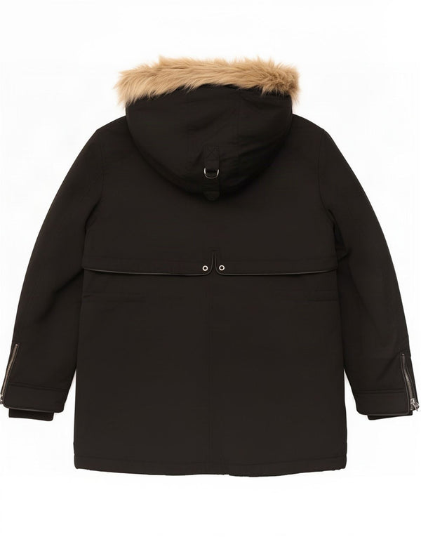 Zara Womens Trafaluc Hooded Sherpa Parka Jacket UK 14 Medium Black