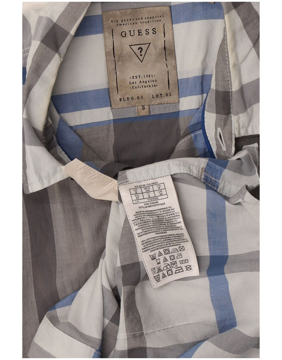 Koszula męska Guess z krótkim rękawem, slim fit, mała, szara, bawełniana krata