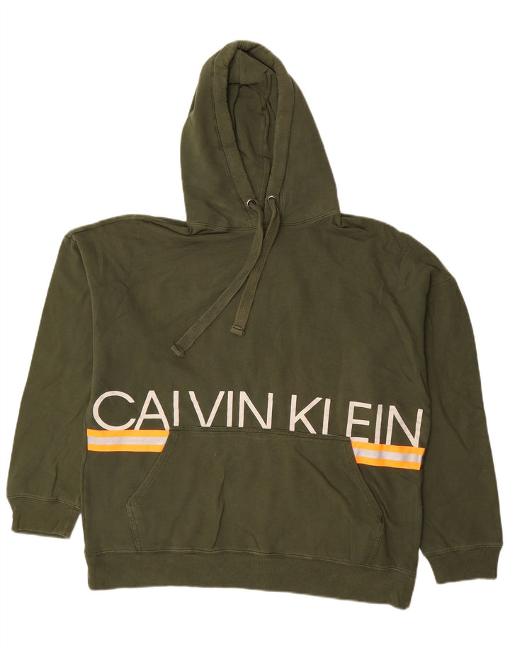 CALVIN KLEIN Damski sweter oversize z kapturem i grafiką, UK 16, duży khaki