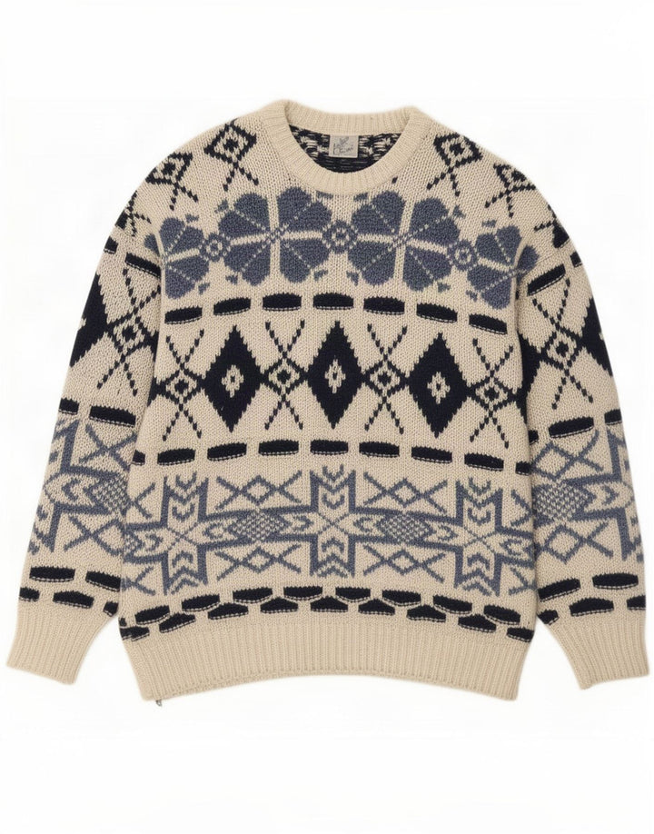 Męski sweter Shetland z okrągłym dekoltem, duży, w kolorze złamanej bieli Fair Isle
