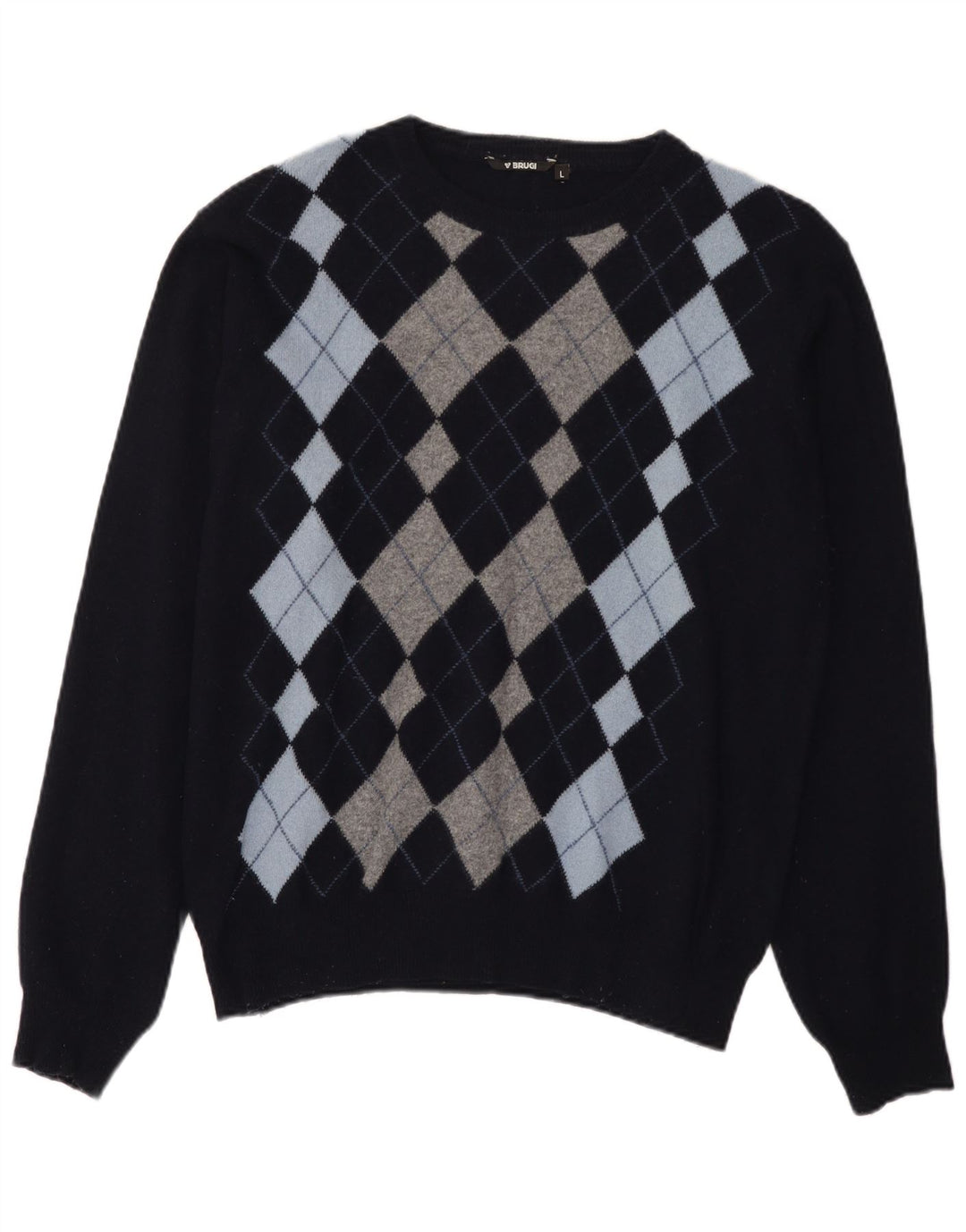 Męski sweter z wycięciem pod szyją Brugi, duży, granatowy, argyle/diamentowa wełna