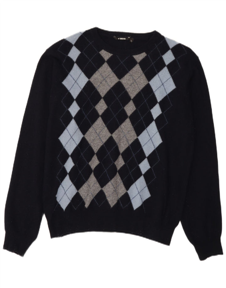 Męski sweter z wycięciem pod szyją Brugi, duży, granatowy, argyle/diamentowa wełna