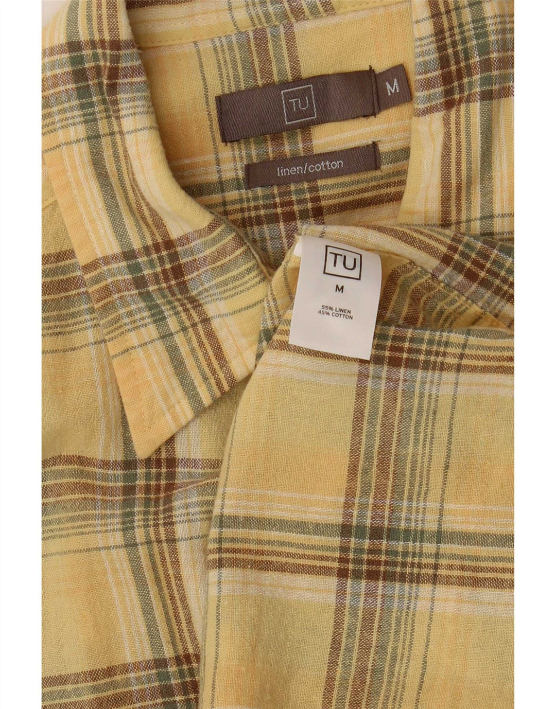 Koszula męska z krótkim rękawem w stylu vintage, lniana w średnią żółtą kratkę