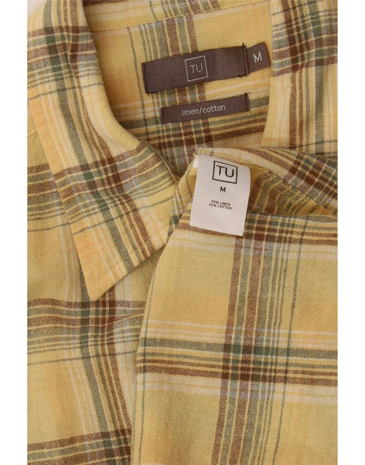 Koszula męska z krótkim rękawem w stylu vintage, lniana w średnią żółtą kratkę