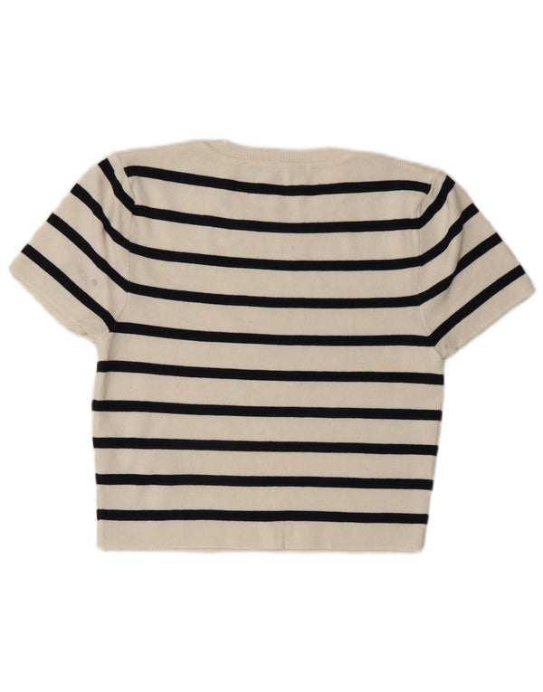 Zara Womens Crop Crew Neck Jumper Sweater UK 14 Large White Striped
