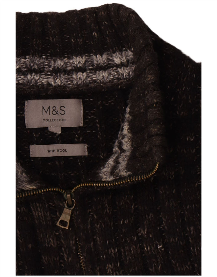 Marks & Spencer Męski sweter z zamkiem błyskawicznym, duży, szary, wełniany w plamki