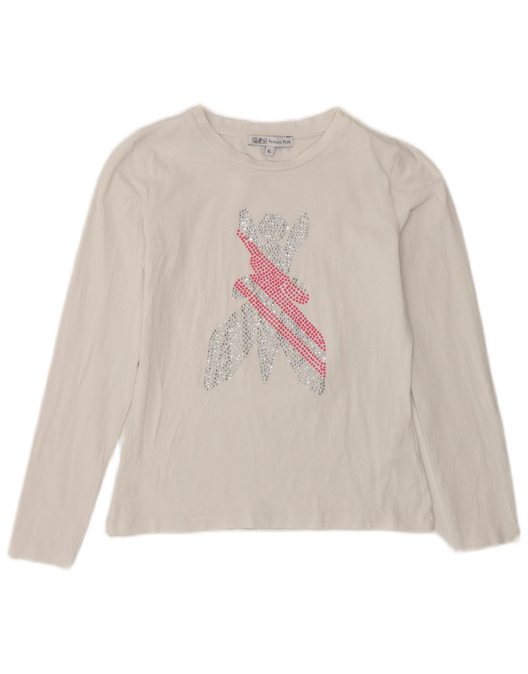 PATRIZIA PEPE Dziewczęcy graficzny top z długim rękawem 7-8 lat XL, biała bawełna