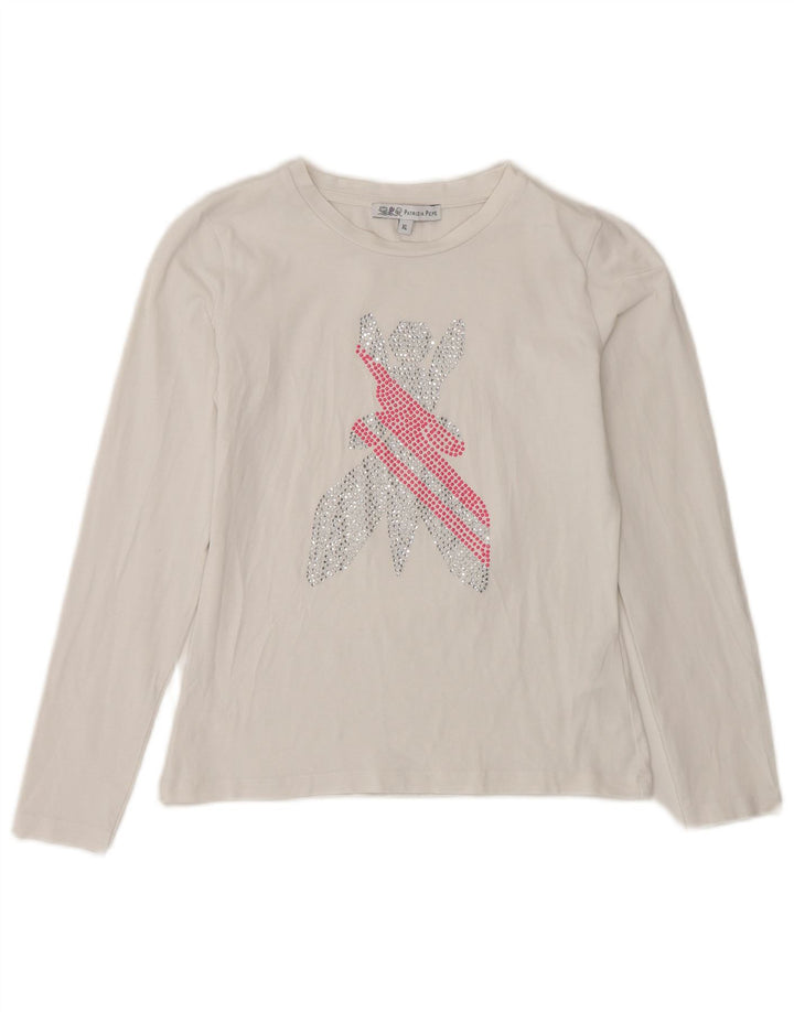 PATRIZIA PEPE Dziewczęcy graficzny top z długim rękawem 7-8 lat XL, biała bawełna