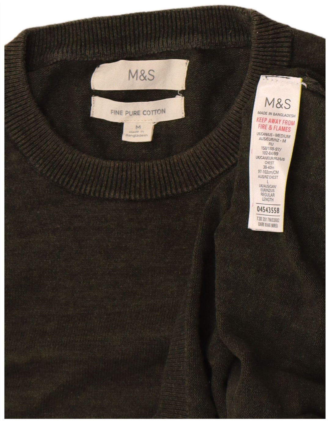 Marks & Spencer Męski sweter z okrągłym dekoltem, średni, bawełniany khaki