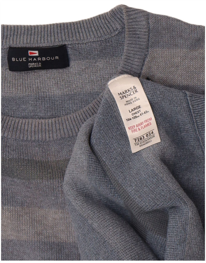 Marks & Spencer Męski sweter z okrągłym dekoltem, duży, bawełniany w niebieskie paski