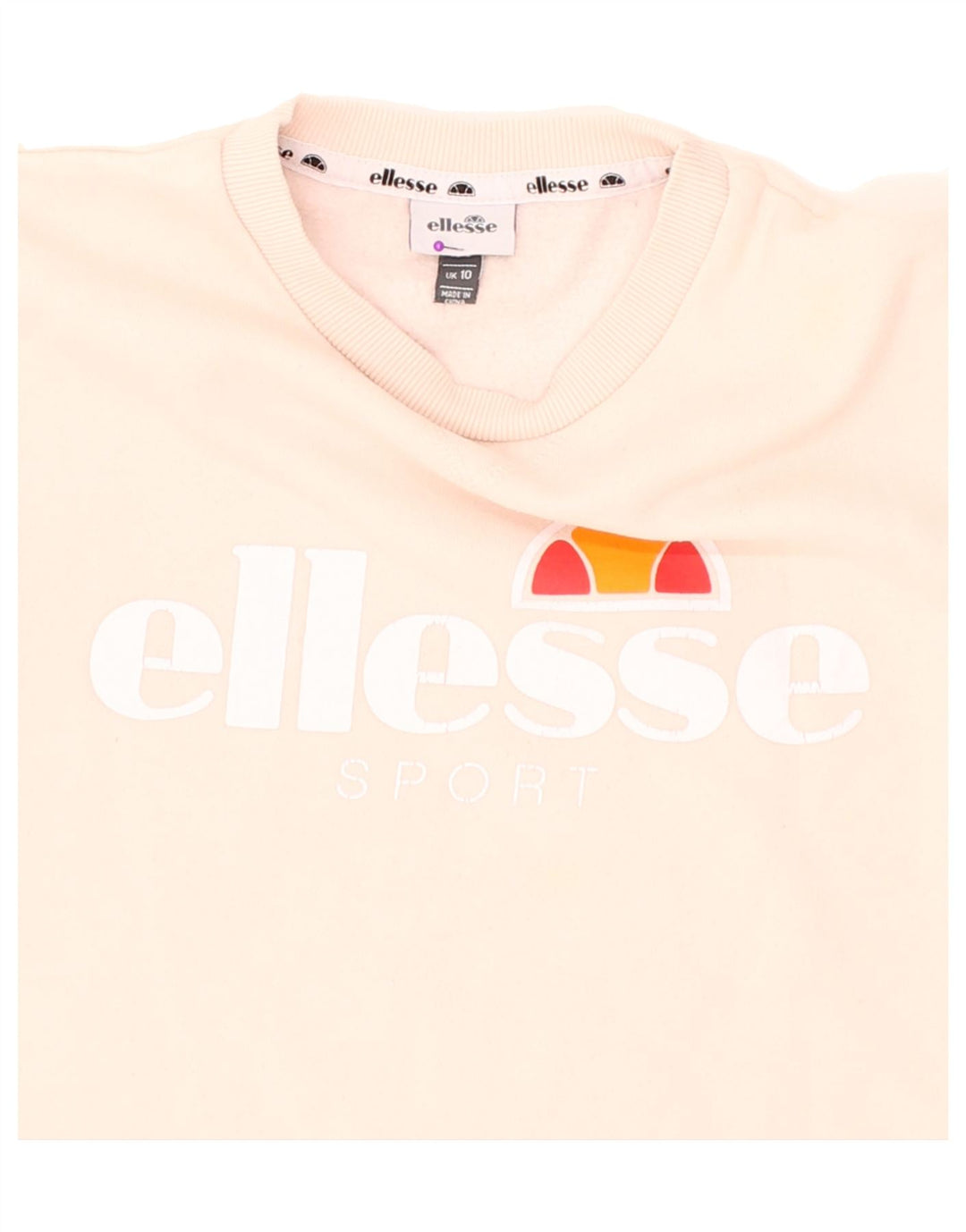 ELLESSE Womens Graphic Sweatshirt Jumper UK 10 Small Beige Cotton Vintage Ellesse and Second-Hand Ellesse from Messina Hembry 