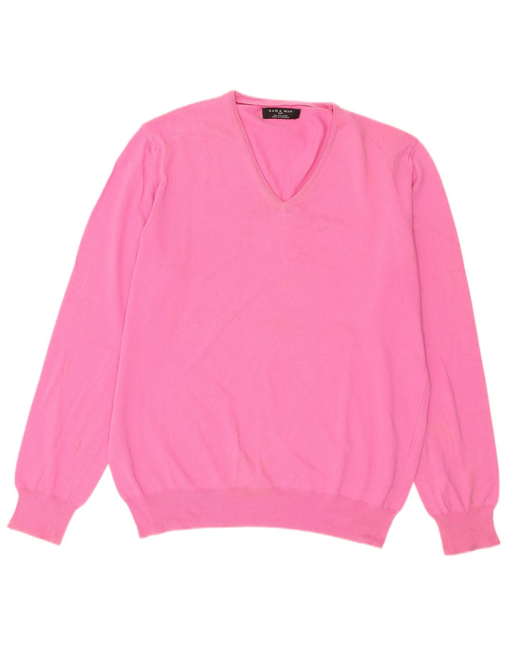 Męski sweter Zara z dekoltem w kształcie litery V, duży, różowy