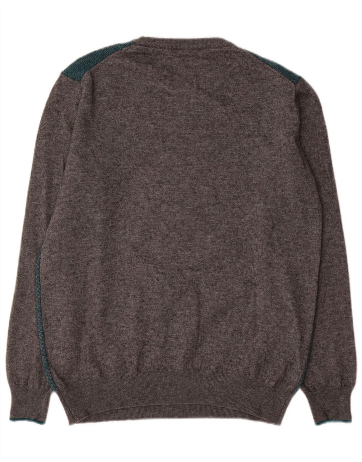 Męski sweter z okrągłym dekoltem Harmont & Blaine 2XL, szara wełna z blokami kolorów