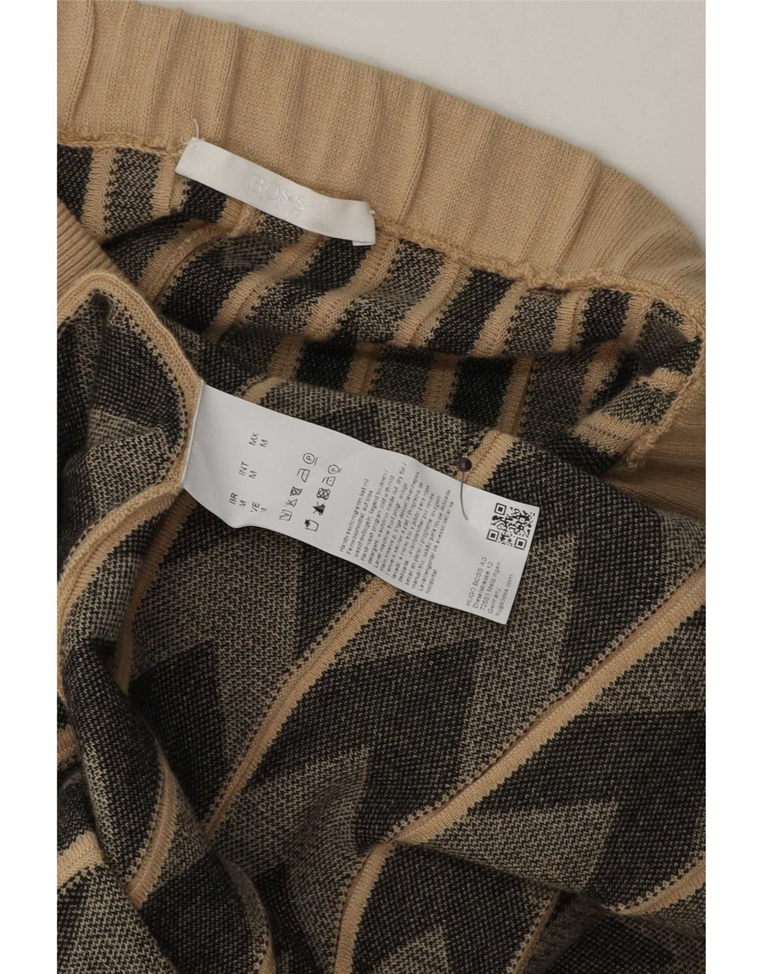 Hugo Boss Damska dzianinowa rozkloszowana spódnica Medium W30 Beżowa, geometryczna wełna