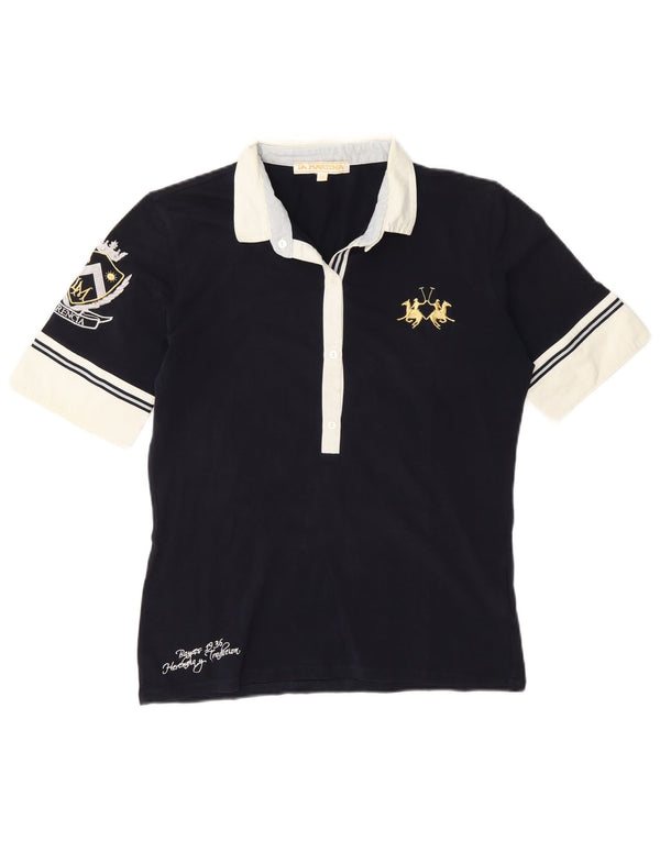 Damska koszulka polo z grafiką La Martina UK 18 XL, granatowa, bawełniana w bloki kolorów