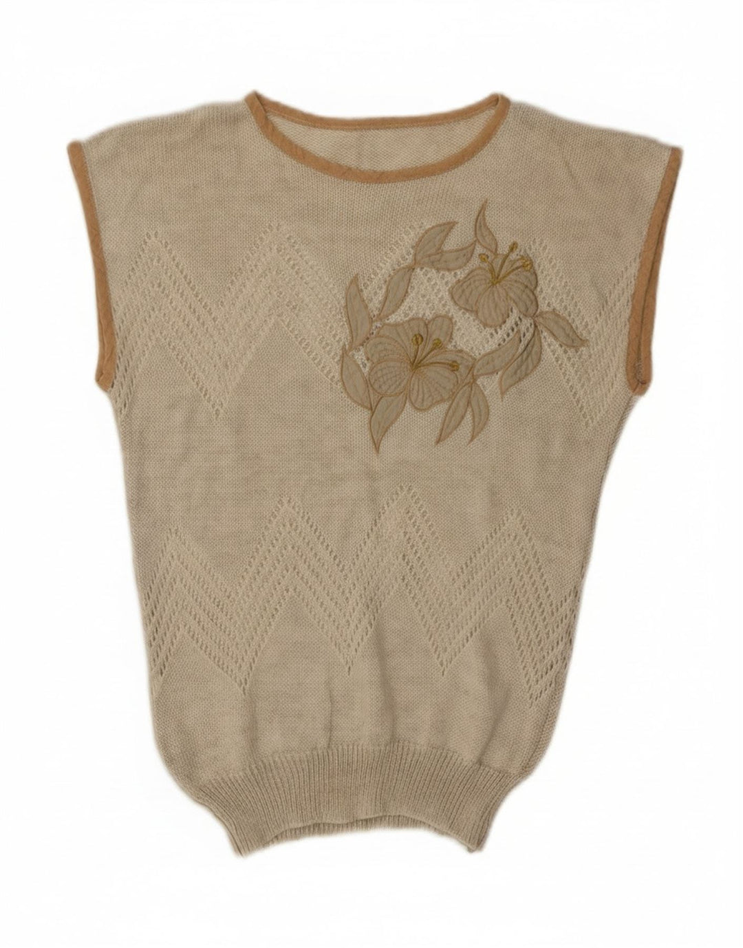 Vintage damski podkoszulek z kamizelką UK 12 średni beżowy kwiatowy akryl
