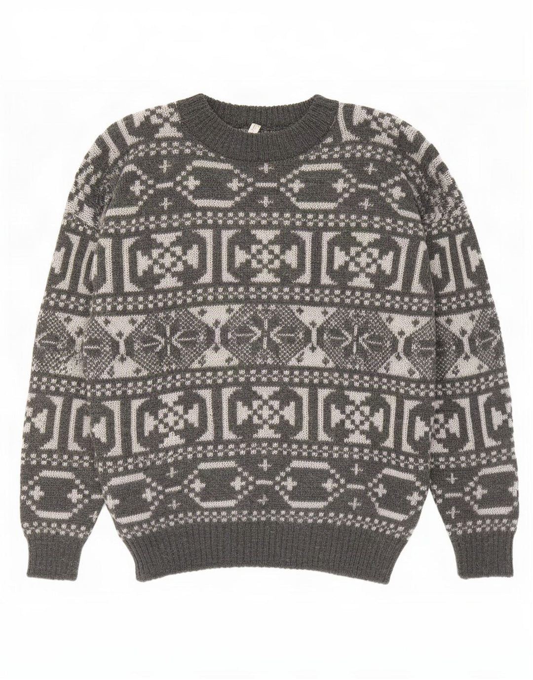 Vintage męski sweter z okrągłym dekoltem, średnioszary, geometryczny wełniany