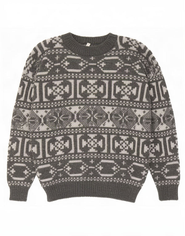 Vintage męski sweter z okrągłym dekoltem, średnioszary, geometryczny wełniany