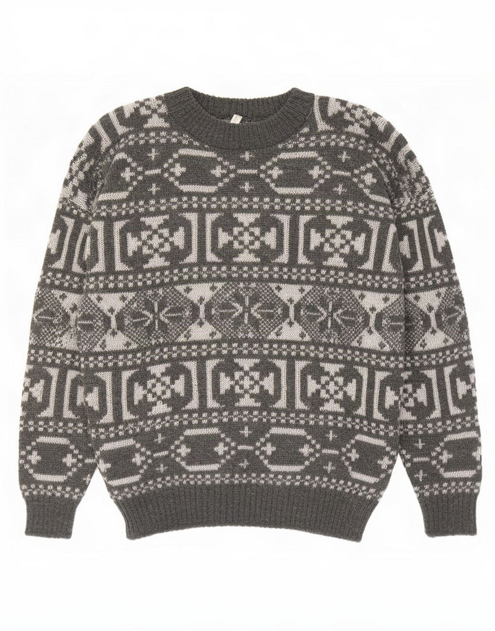 Vintage męski sweter z okrągłym dekoltem, średnioszary, geometryczny wełniany