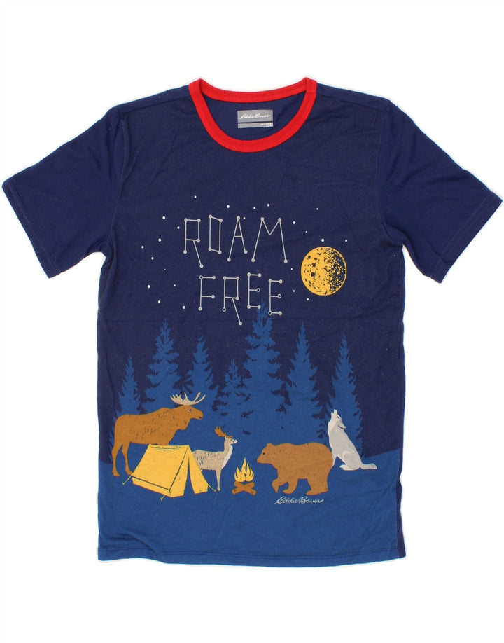 EDDIE BAUER Boys Graphic T-Shirt Top 14-15 Years Large Navy Blue Polyester Vintage Eddie Bauer and Second-Hand Eddie Bauer from Messina Hembry 
