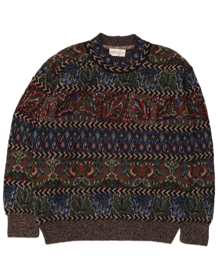 Vintage męski sweter z golfem, duży, wielokolorowy, geometryczny wełniany