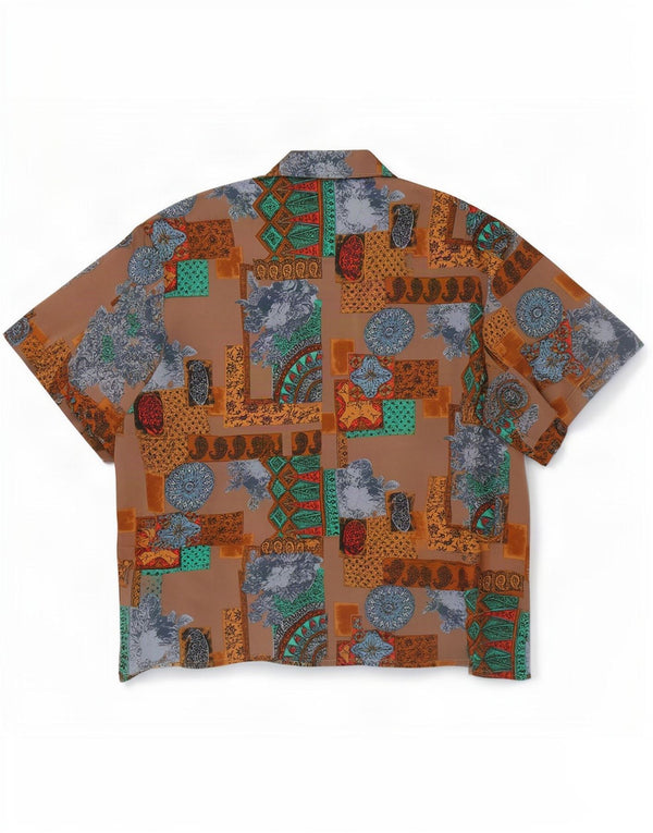Bluzka damska z krótkim rękawem w stylu vintage, UK 20 2XL, brązowa, patchworkowa, jedwabna