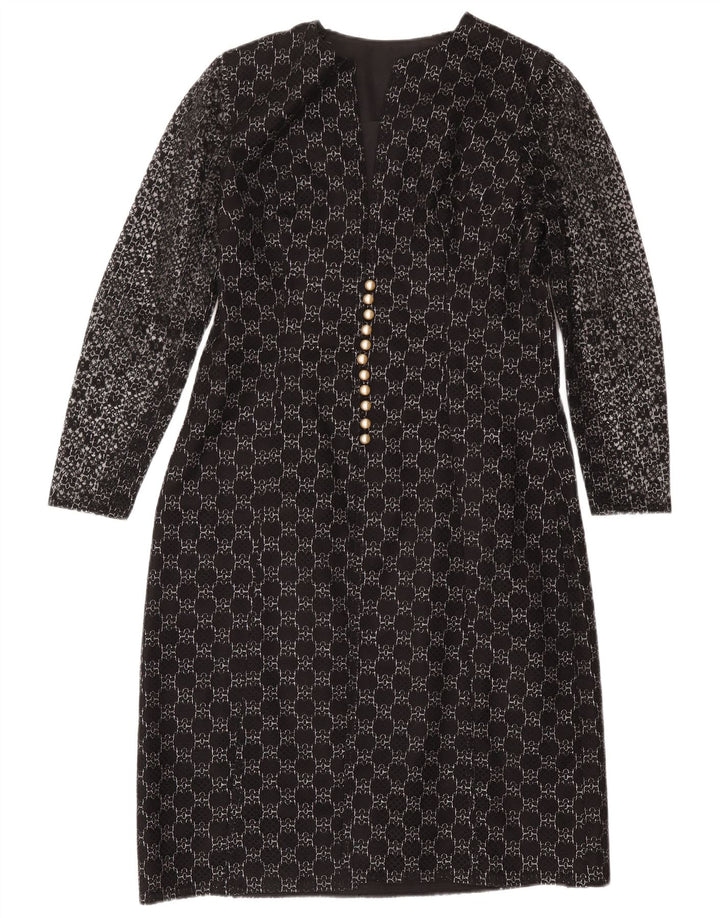 Vintage damska sukienka płaszczowa z długim rękawem UK 12, średnia czarna geometryczna