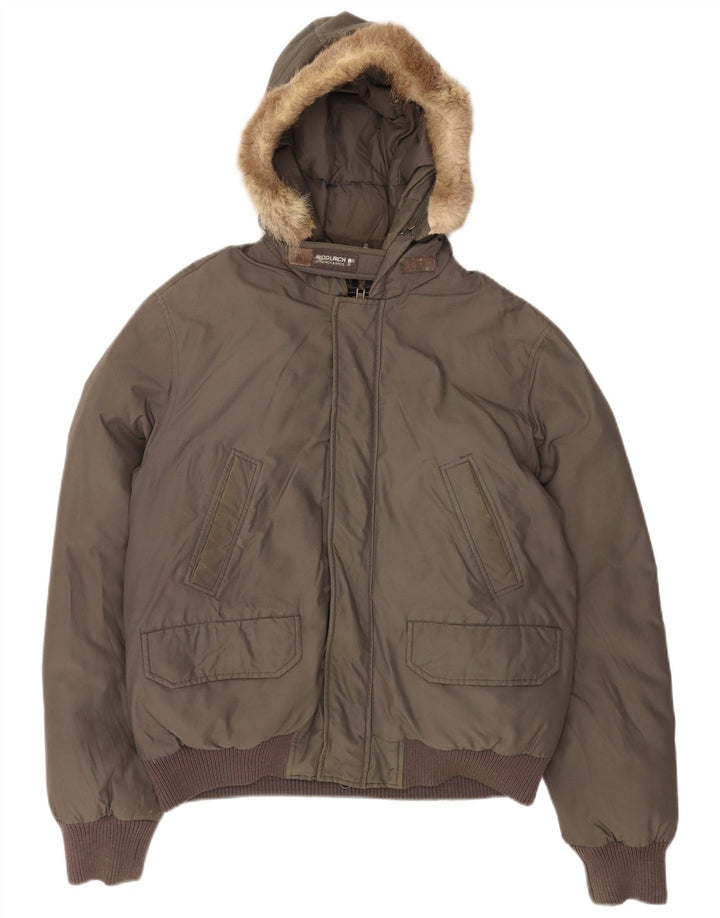 Męska wyściełana kurtka bomber z kapturem Woolrich UK 40, duża, szara bawełna