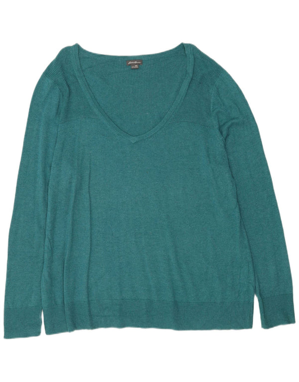 Eddie Bauer Womens V-Neck Jumper Sweater UK 20 2XL Turquoise Cotton