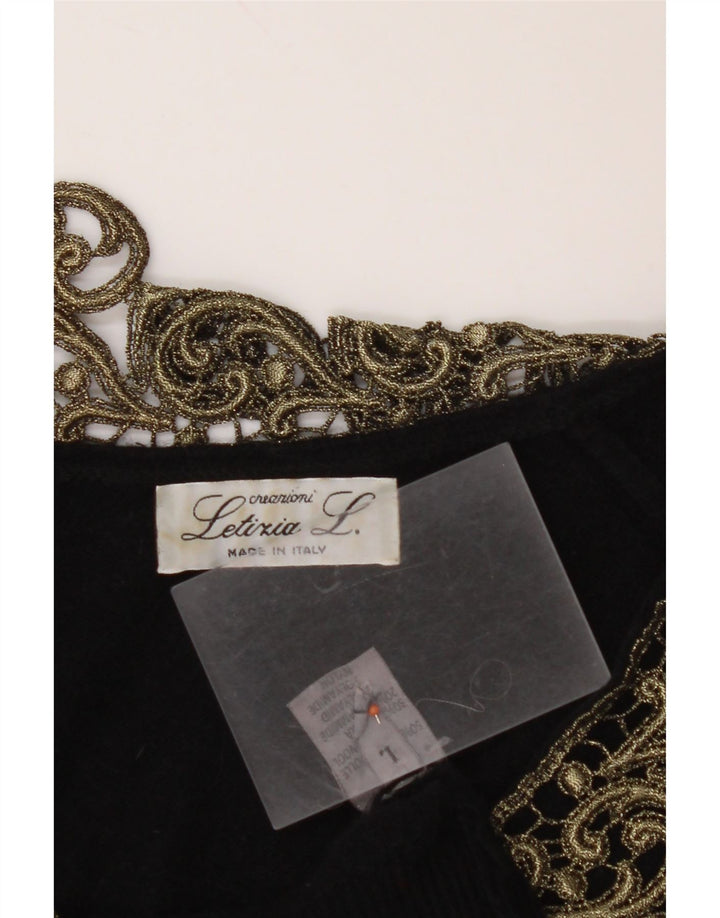 Letizia L. Sweter damski z dekoltem w kształcie litery V, UK 16, duży, czarny, wełniany paisley