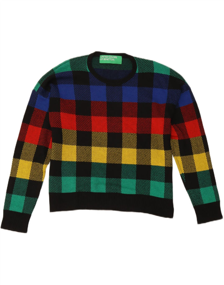 Damski sweter z wycięciem pod szyją Benetton UK 16, duża, wielokolorowa krata
