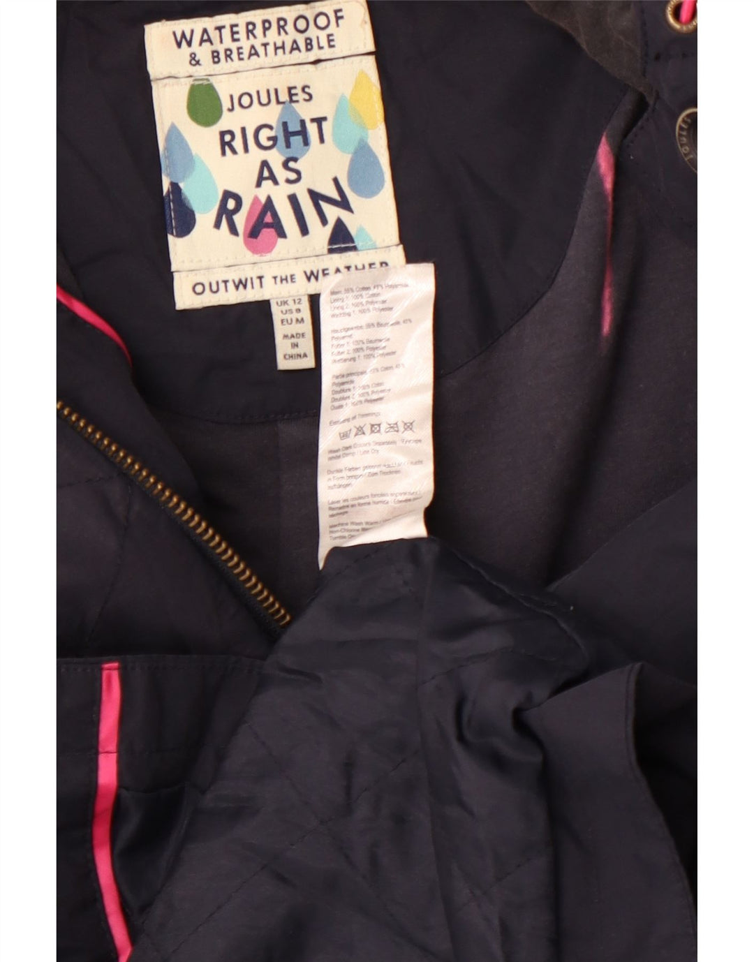 Damski płaszcz przeciwdeszczowy z kapturem Joules UK 12, średni granatowy, bawełniany