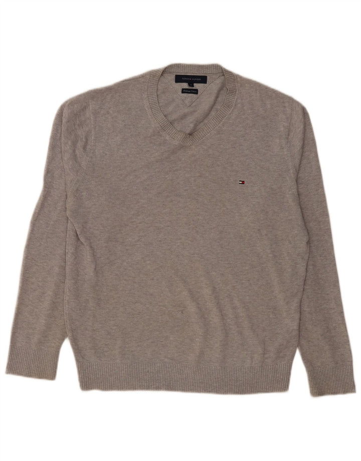 Męski sweter Tommy Hilfiger z dekoltem w kształcie litery V, średnioszary, bawełniany
