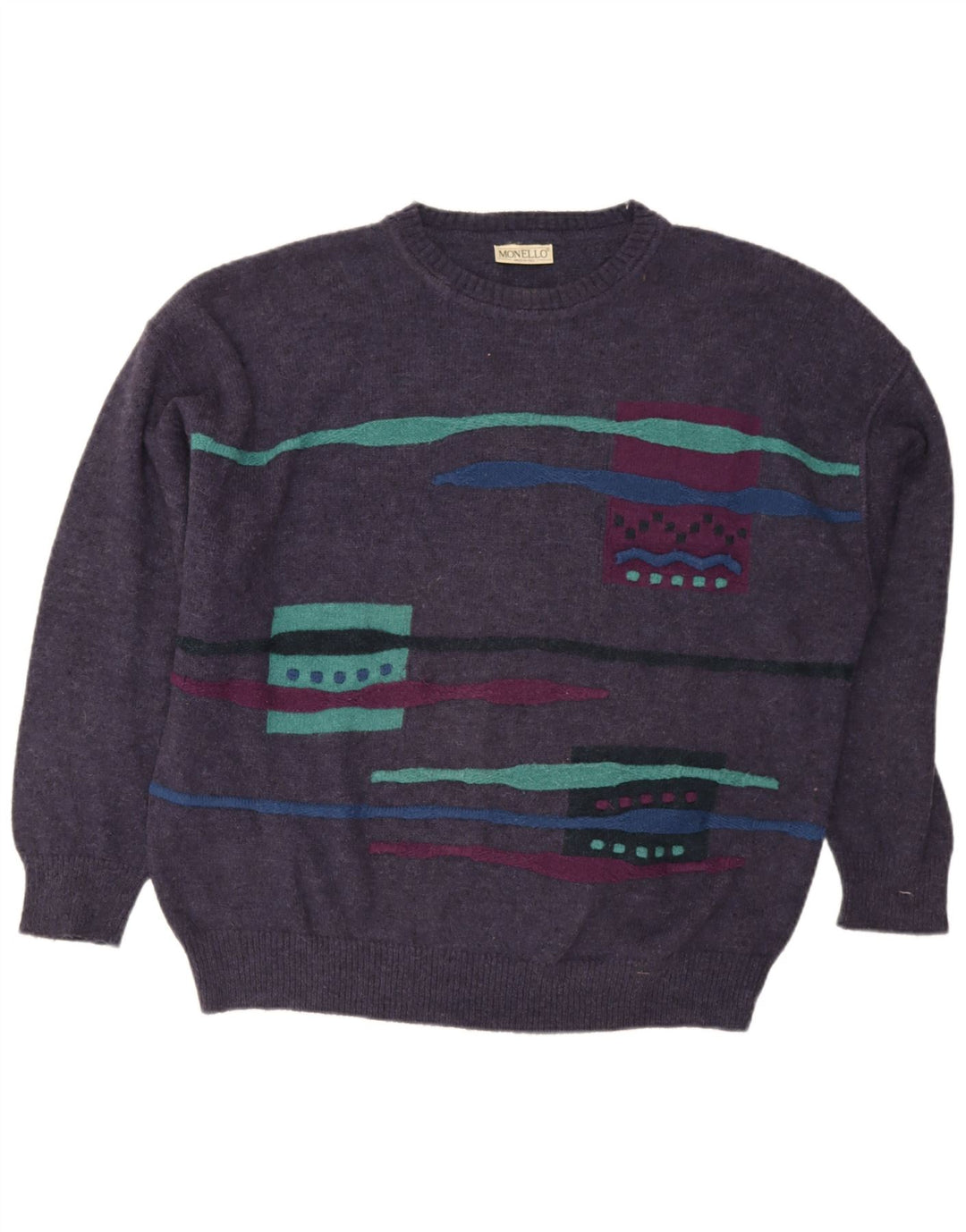 Męski sweter z okrągłym dekoltem Monello XL, fioletowa, geometryczna wełna