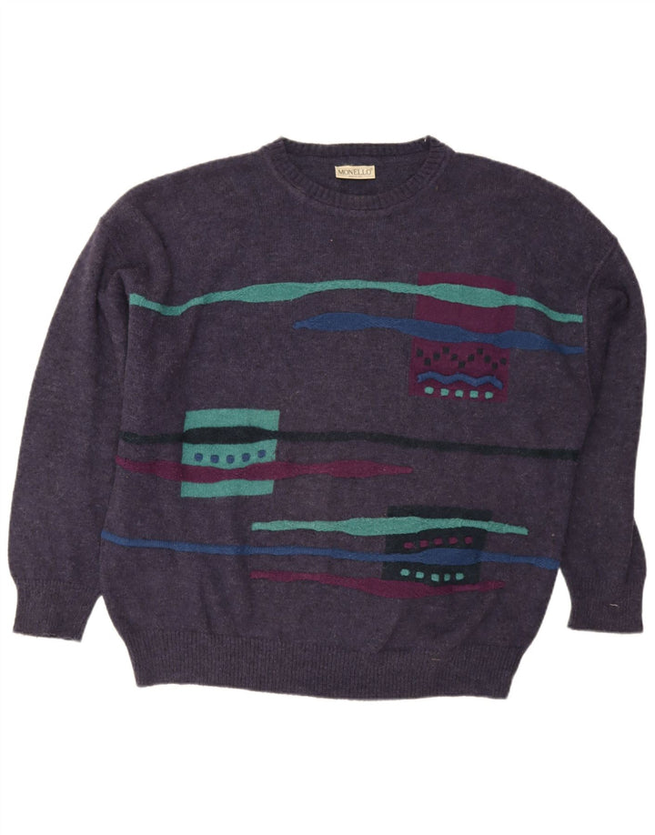 Męski sweter z okrągłym dekoltem Monello XL, fioletowa, geometryczna wełna