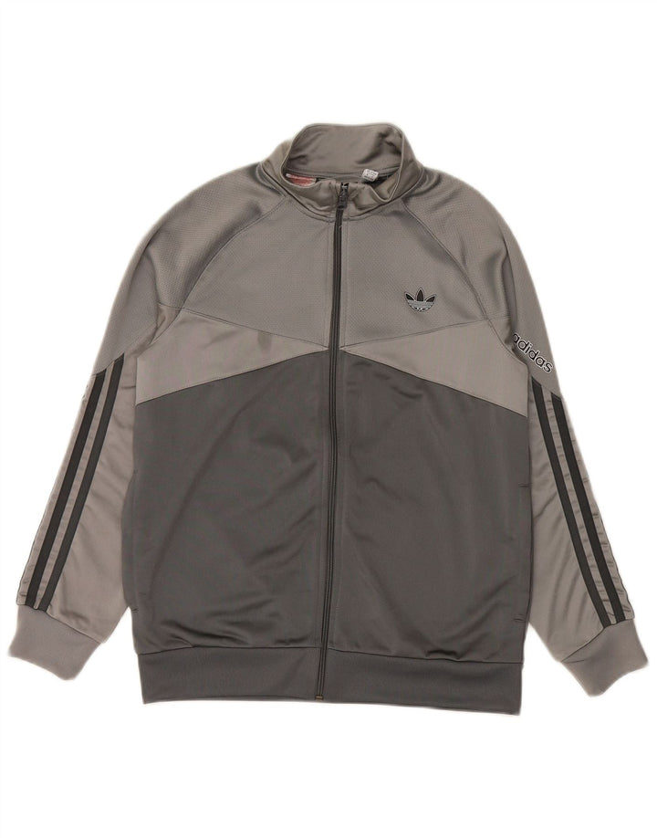 ADIDAS Boys Graphic Tracksuit Top Jacket 13-14 Years Grey Colourblock