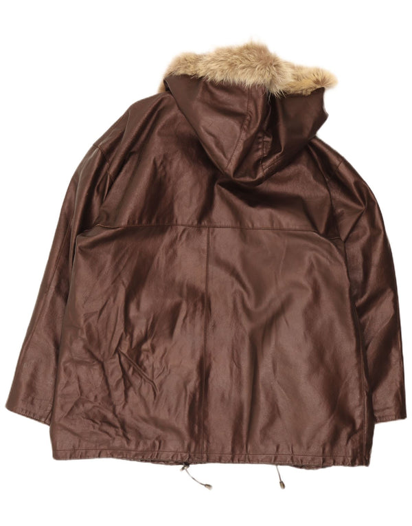 Vintage damska kurtka skórzana z kapturem, oversize IT 48 XL, brązowa
