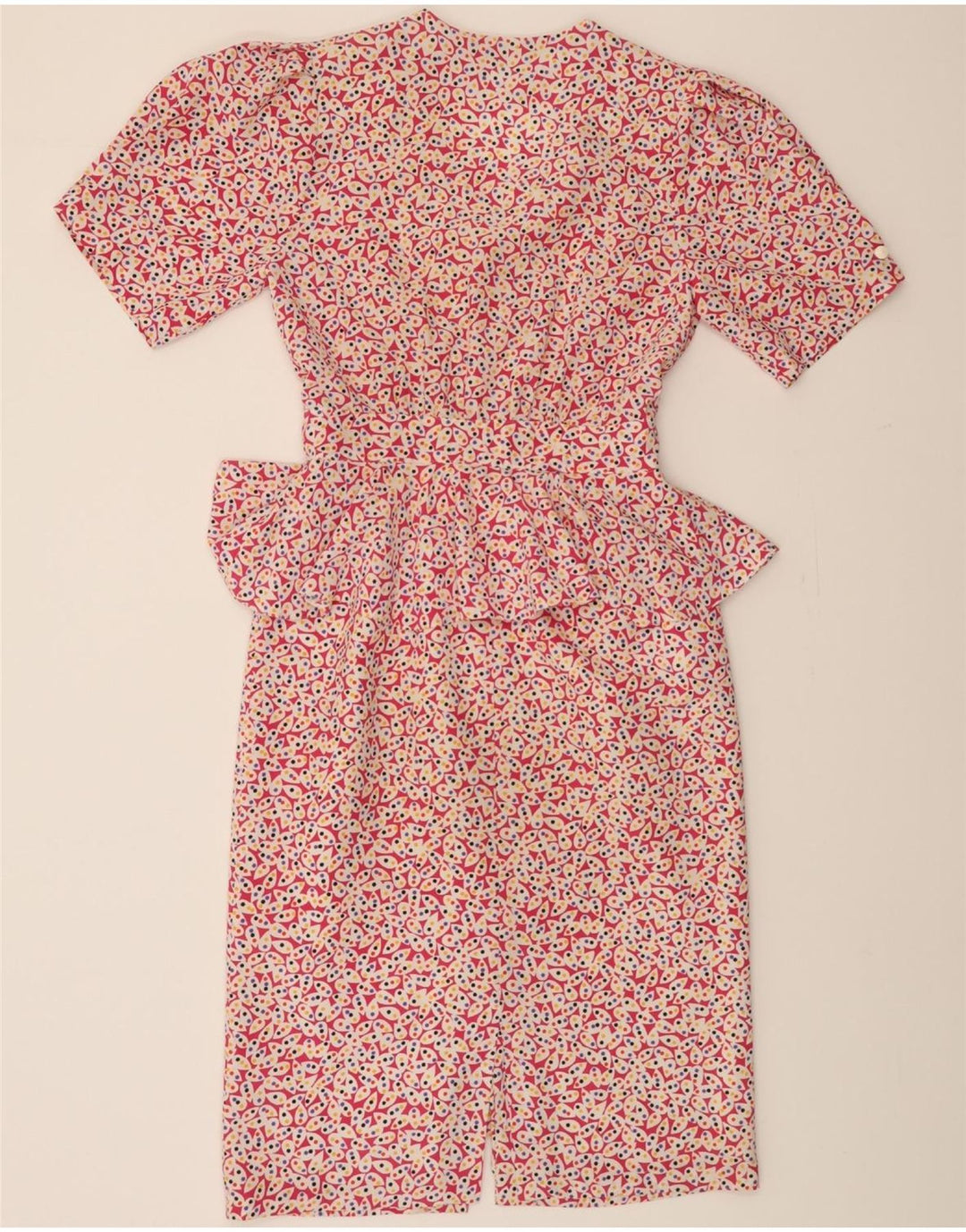 VINTAGE Womens Abstract Pattern Peplum Dress UK 12 Medium Pink Vintage Vintage and Second-Hand Vintage from Messina Hembry 