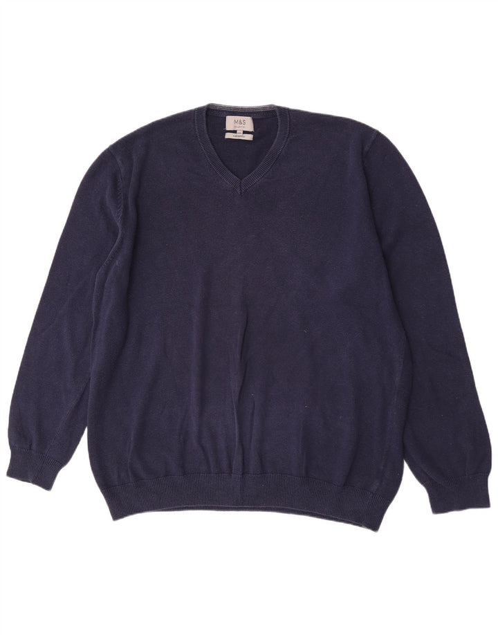 Marks & Spencer Męski sweter z dekoltem w kształcie litery V, 2XL, granatowy, bawełniany