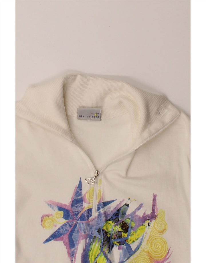 MASER M Womens Graphic Sweatshirt Jumper UK 12 Medium White Cotton Vintage Maser M and Second-Hand Maser M from Messina Hembry 