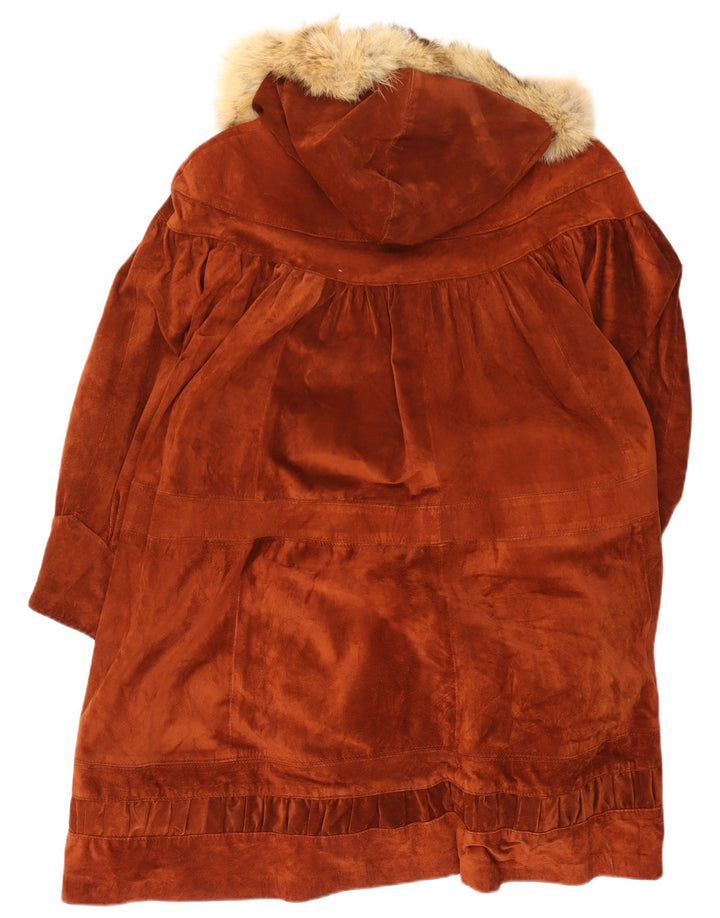 Vintage damski, oversize'owy, zamszowy płaszcz z kapturem UK 14, średniej wielkości brązowa skóra