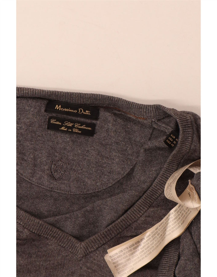 MASSIMO DUTTI Męski sweter z dekoltem w kształcie litery V, XL, szary, bawełniany