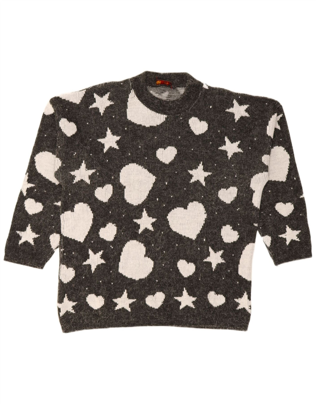 Vintage damski sweter z abstrakcyjnym wzorem i okrągłym dekoltem UK 14, duży czarny