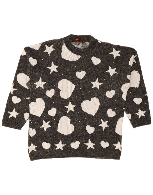 Vintage damski sweter z abstrakcyjnym wzorem i okrągłym dekoltem UK 14, duży czarny